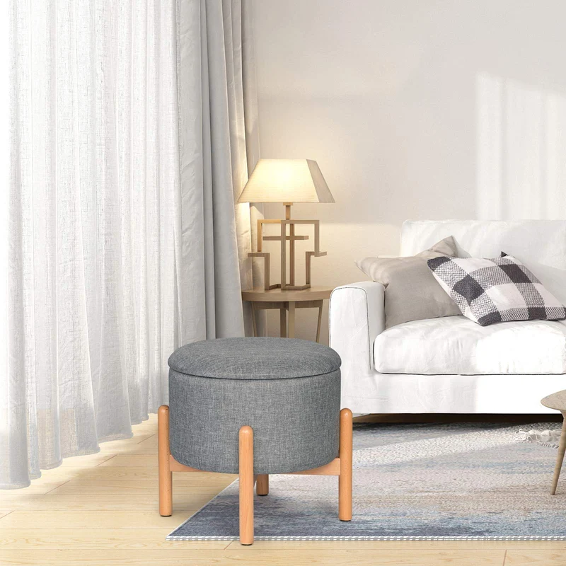 eSituro SOM0113 Tabouret Pouf Rond de Rangement avec Couvercle Amovible,Tabouret Coffre en Tissu et Bois Massif Gris Clair