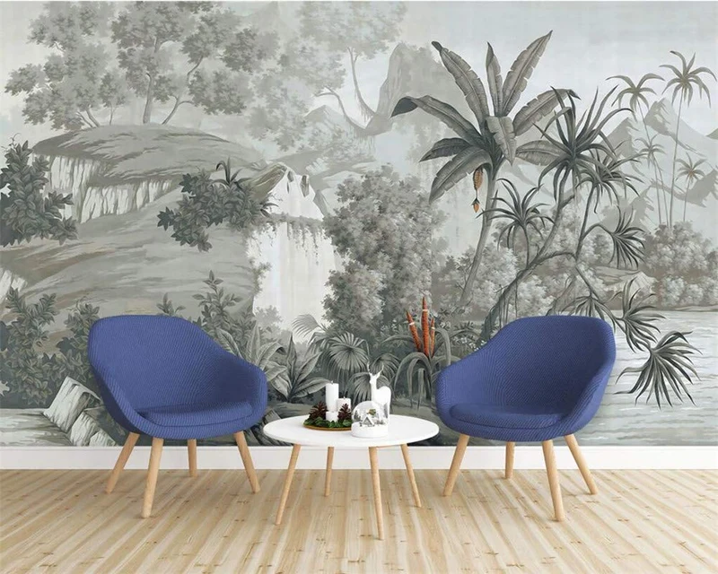 Wallpaper-YC Papier Peint intissé Décoration Murale Tableaux Muraux Tapisserie Photo Rétro nostalgique Palmier de Banane de forêt Tropicale Peinte à la Main, 366 × 254CM