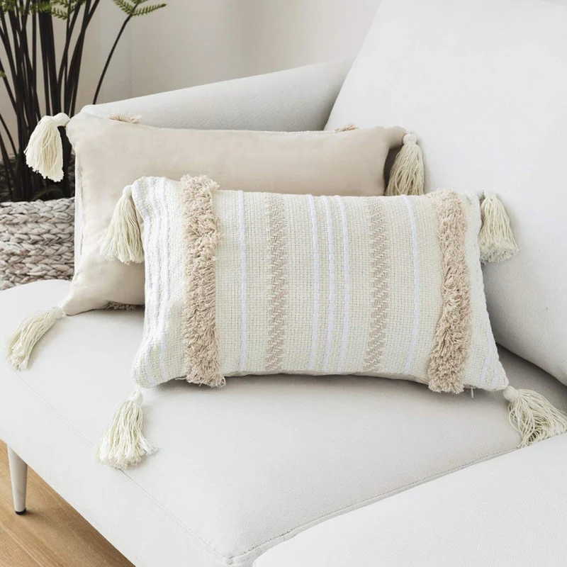 Lomohoo - Taie d'oreiller moderne simple touffeté à pompons géométriques tricotés pour décoration d'intérieur, beige uni, Coton, beige, 30cm x 50cm