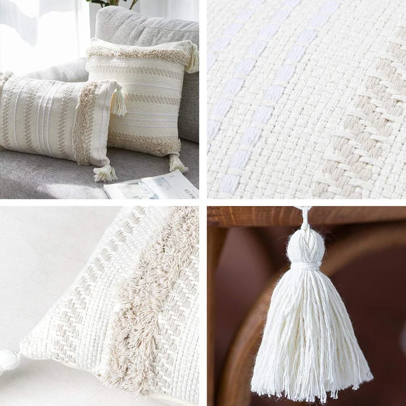 Lomohoo - Taie d'oreiller moderne simple touffeté à pompons géométriques tricotés pour décoration d'intérieur, beige uni, Coton, beige, 30cm x 50cm