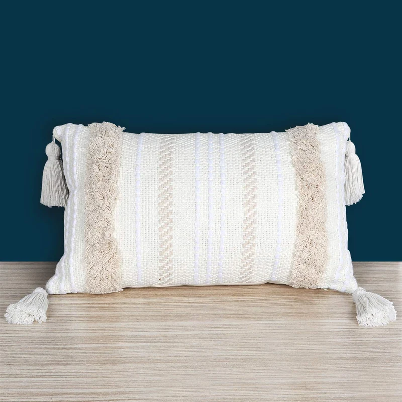 Lomohoo - Taie d'oreiller moderne simple touffeté à pompons géométriques tricotés pour décoration d'intérieur, beige uni, Coton, beige, 30cm x 50cm