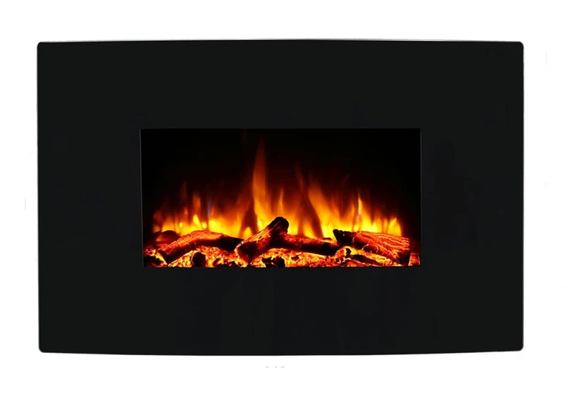 Cheminée électrique murale Egton, vitre bombée noire, 1 & 2 kW, Télécommande programmable 7 jours (L 910 mm x H 580 mm x P 180 mm)