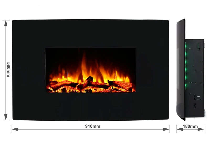 Cheminée électrique murale Egton, vitre bombée noire, 1 & 2 kW, Télécommande programmable 7 jours (L 910 mm x H 580 mm x P 180 mm)