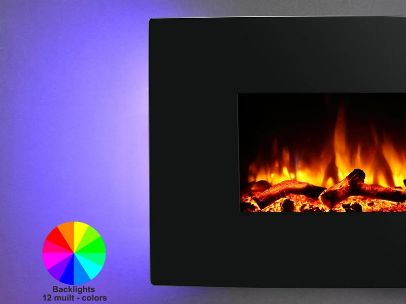 Cheminée électrique murale Egton, vitre bombée noire, 1 & 2 kW, Télécommande programmable 7 jours (L 910 mm x H 580 mm x P 180 mm)