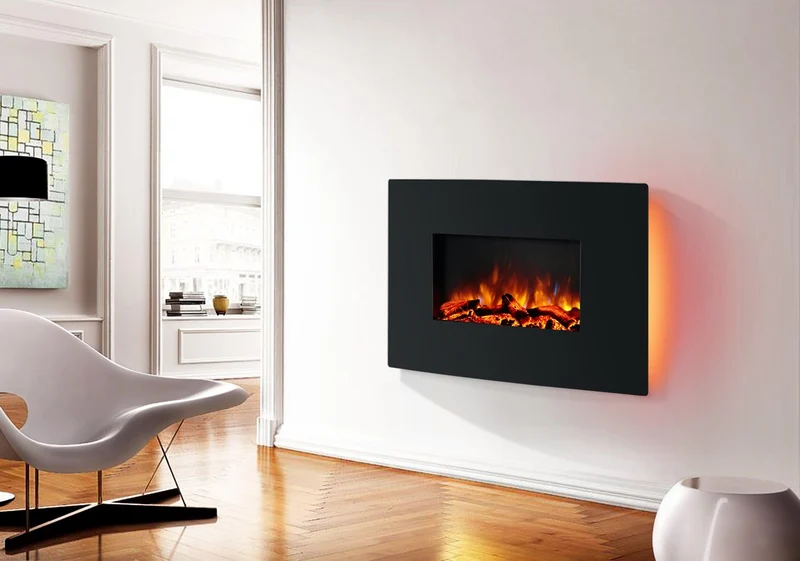 Cheminée électrique murale Egton, vitre bombée noire, 1 & 2 kW, Télécommande programmable 7 jours (L 910 mm x H 580 mm x P 180 mm)