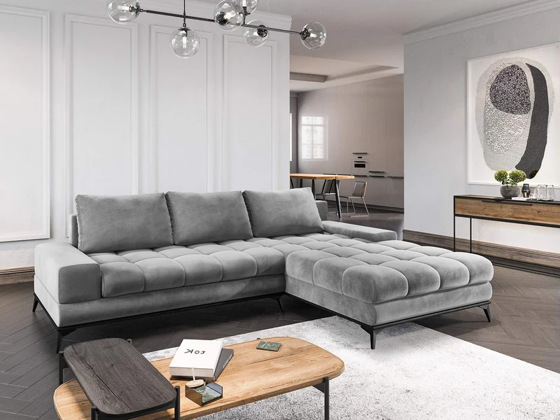 Windsor Canapé d'angle Droit Velours Convertible avec Coffre De Rangement, Deneb, 5 Places, Gris Clair, 315x212x87