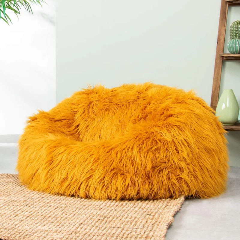 Icon Pouf Classique en Fausse Fourrure Mongole Yeti, Jaune Ocre, Poufs de Salon, 85cm x 50cm, Pouf Poire Grand, Chaise pour Chambre