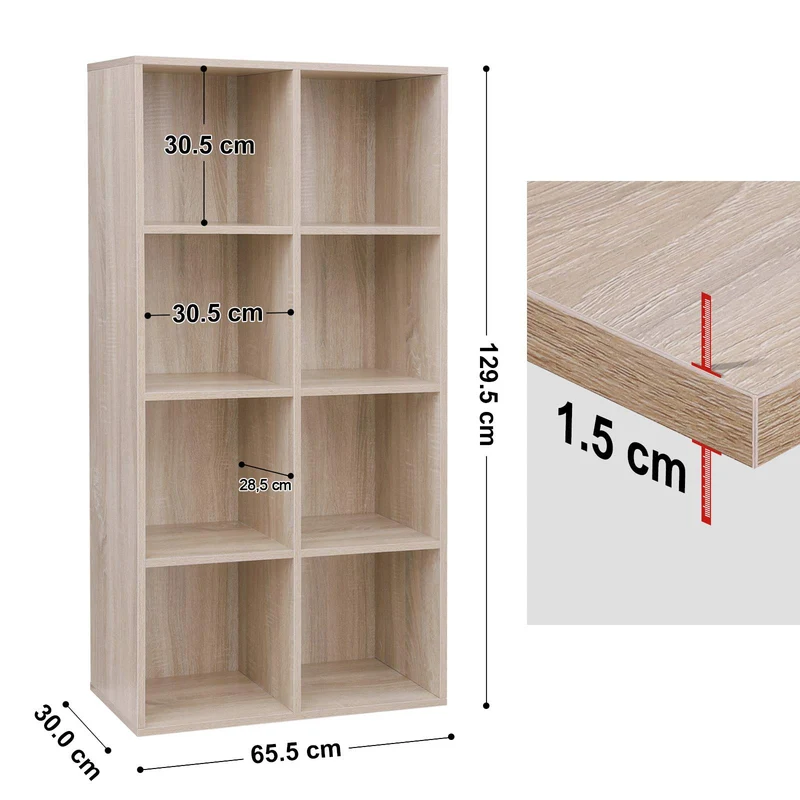 VASAGLE Bibliothèque en bois, Étagère à 4 Niveaux, 8 Compartiments, Armoire, Placard, Maison, Bureau, Couleur chêne clair LBC24NL