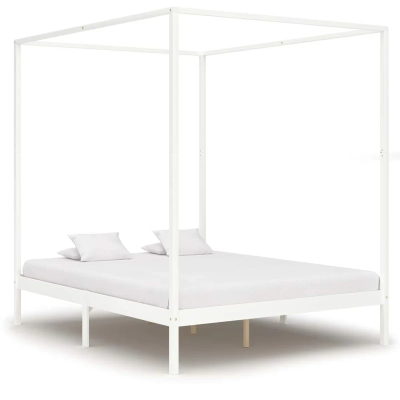 vidaXL Bois de Pin Massif Cadre de Lit à Baldaquin Lit Double Lit Adulte Lit Coffre Sommier à Lattes Chambre à Coucher Maison Intérieur Blanc 160x200 cm