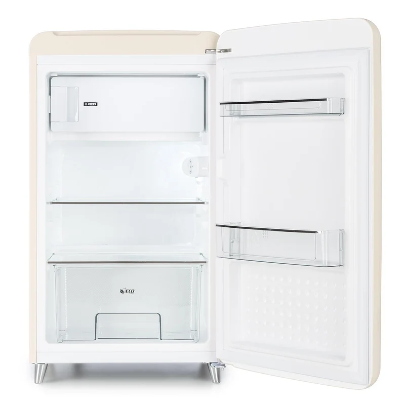 Klarstein PopArt Cream - réfrigérateur, pose libre, années 50, 108 l, congél. 13 l, rapide, compartiment légumes, 2 x clayettes, porte bouteilles, bac à oeufs, porte vers la droite, crème