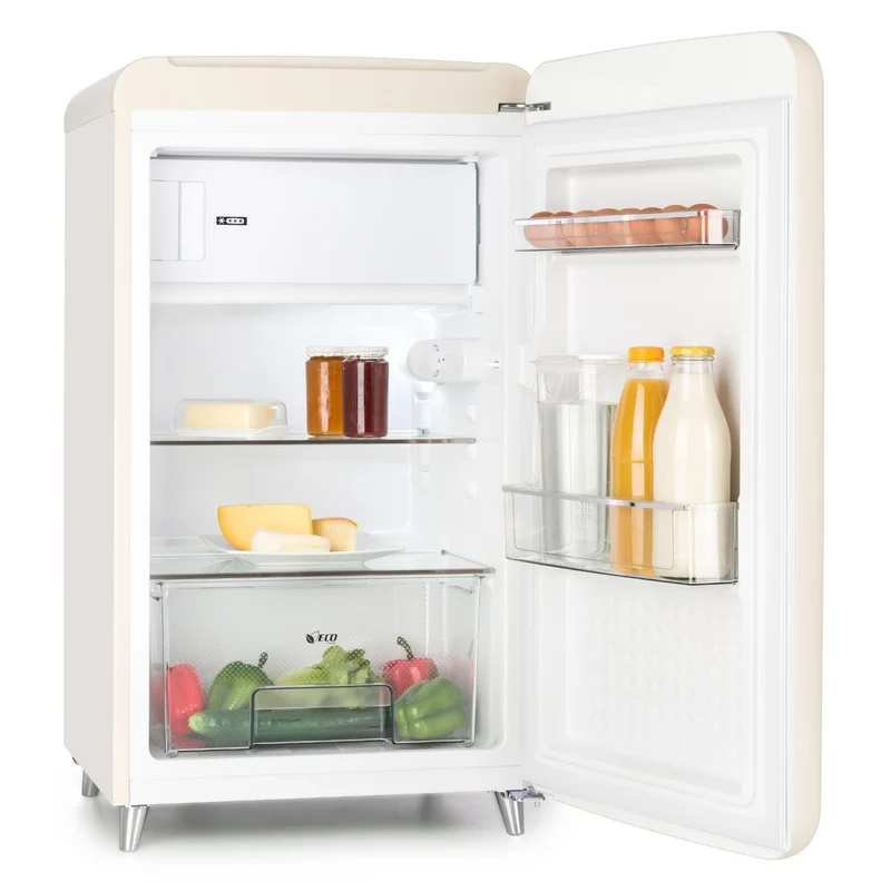 Klarstein PopArt Cream - réfrigérateur, pose libre, années 50, 108 l, congél. 13 l, rapide, compartiment légumes, 2 x clayettes, porte bouteilles, bac à oeufs, porte vers la droite, crème