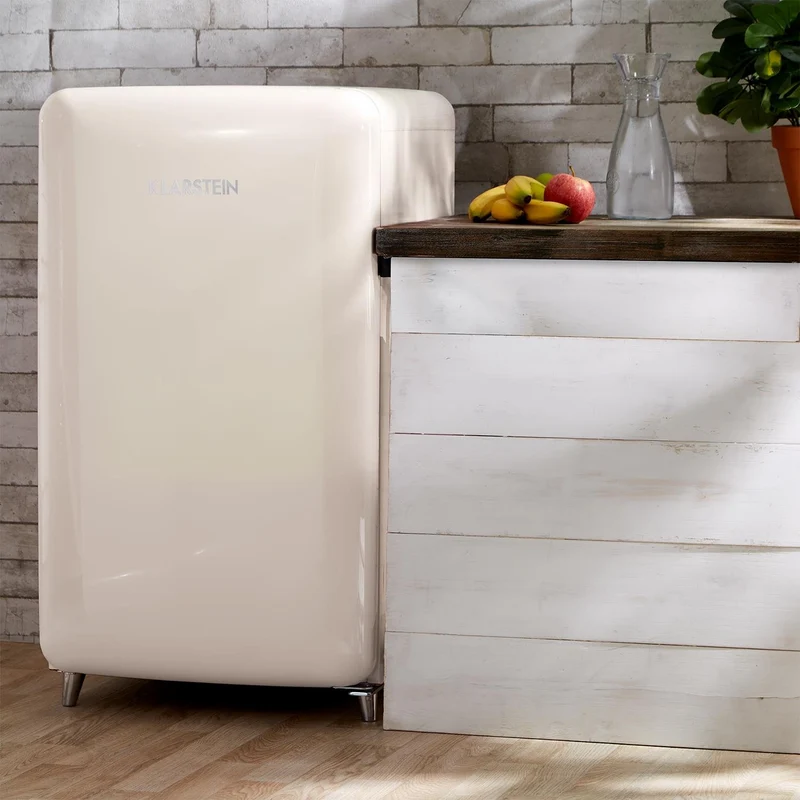 Klarstein PopArt Cream - réfrigérateur, pose libre, années 50, 108 l, congél. 13 l, rapide, compartiment légumes, 2 x clayettes, porte bouteilles, bac à oeufs, porte vers la droite, crème
