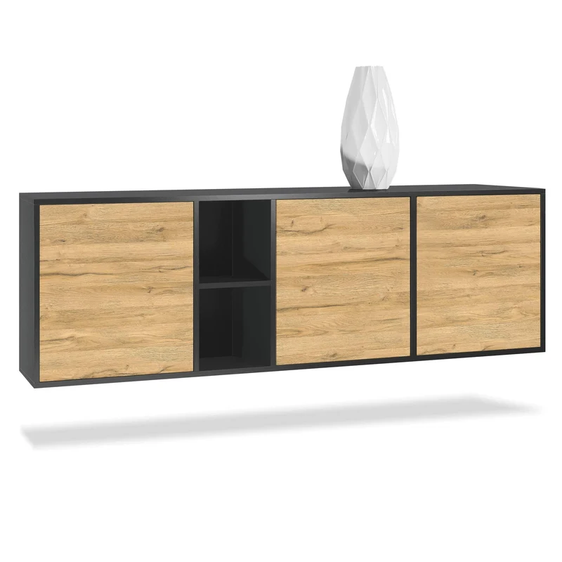 Vladon Buffet Armoire Cuba, Corps en Noir Mat/Façades en Chêne Nature