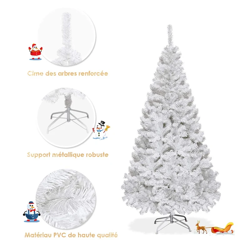 COSTWAY Sapin de Noël Arbre de Noël Artificiel pour Décoration de Noël Matériau PVC avec Pied en Métal 150cm-240cm Blanc (1.5M)