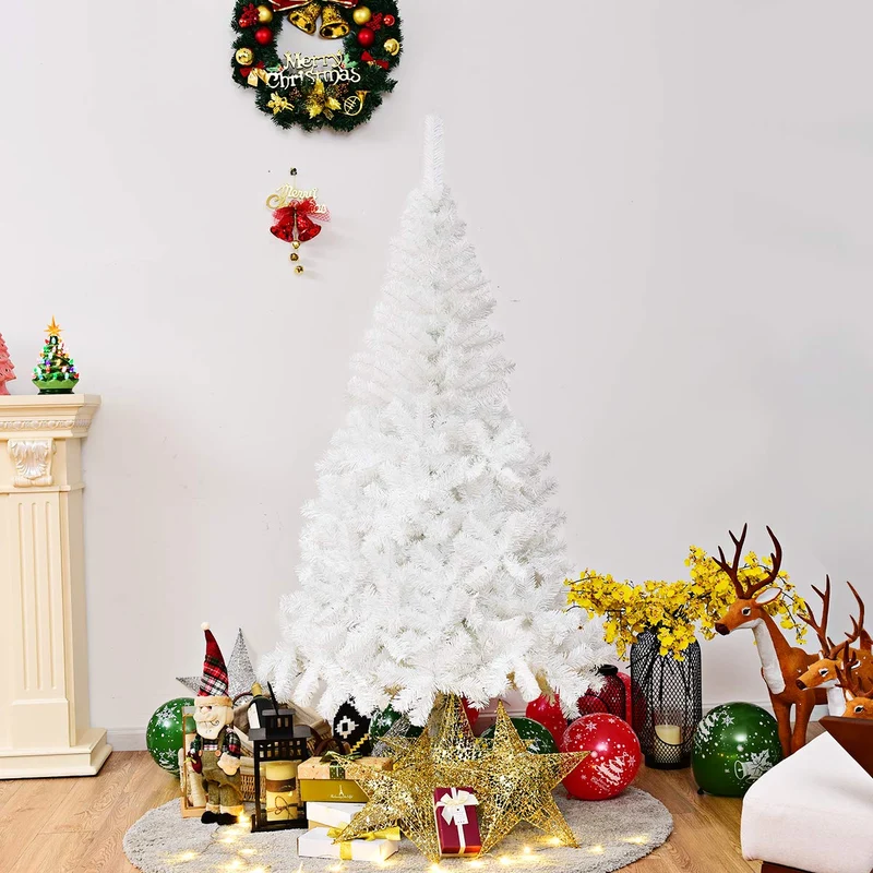 COSTWAY Sapin de Noël Arbre de Noël Artificiel pour Décoration de Noël Matériau PVC avec Pied en Métal 150cm-240cm Blanc (1.5M)