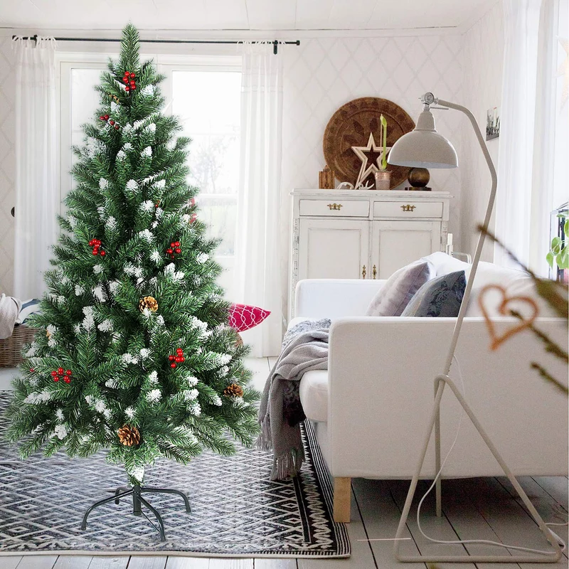 Sunjas Sapin de Noël Artificiel en PVC, avec Neige, Fruits Rouges, Ananas Véritables, Support en métal, Arbre pour Décoration de Noël (150cm, 400 Branches)