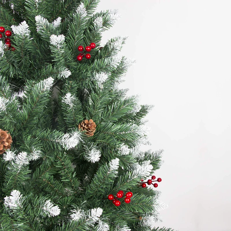 Sunjas Sapin de Noël Artificiel en PVC, avec Neige, Fruits Rouges, Ananas Véritables, Support en métal, Arbre pour Décoration de Noël (150cm, 400 Branches)
