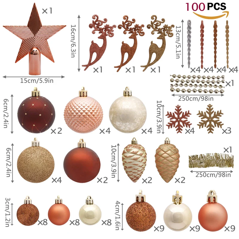 Valery Madelyn 100pcs Boules de Noël Ornements 3-8cm, décoration de Boules de Noël incassables en cuivre et en Plastique doré, Cadeaux de pendentifs de Sapin de Noël (Woodland)