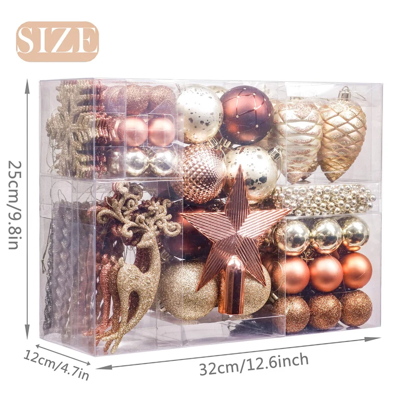 Valery Madelyn 100pcs Boules de Noël Ornements 3-8cm, décoration de Boules de Noël incassables en cuivre et en Plastique doré, Cadeaux de pendentifs de Sapin de Noël (Woodland)