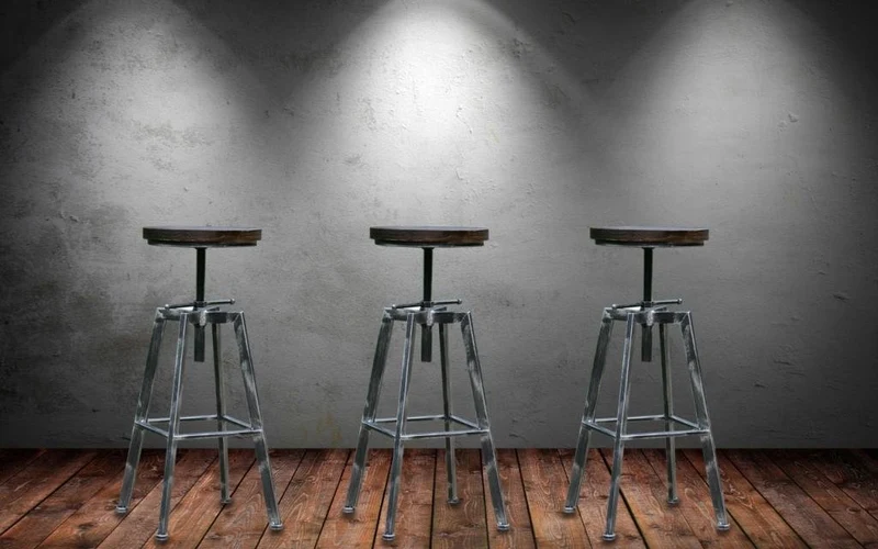 Tabouret de Bar Réglable YAKO 2 Design Luxe Loft Vintage Industriel Gris Brossé Métal & Bois