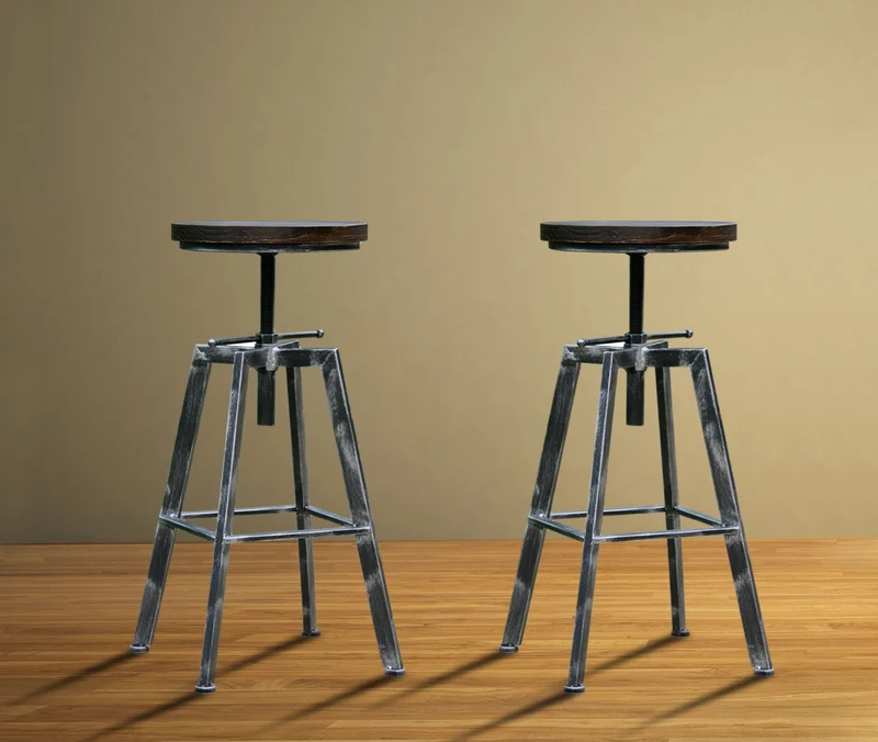Tabouret de Bar Réglable YAKO 2 Design Luxe Loft Vintage Industriel Gris Brossé Métal & Bois