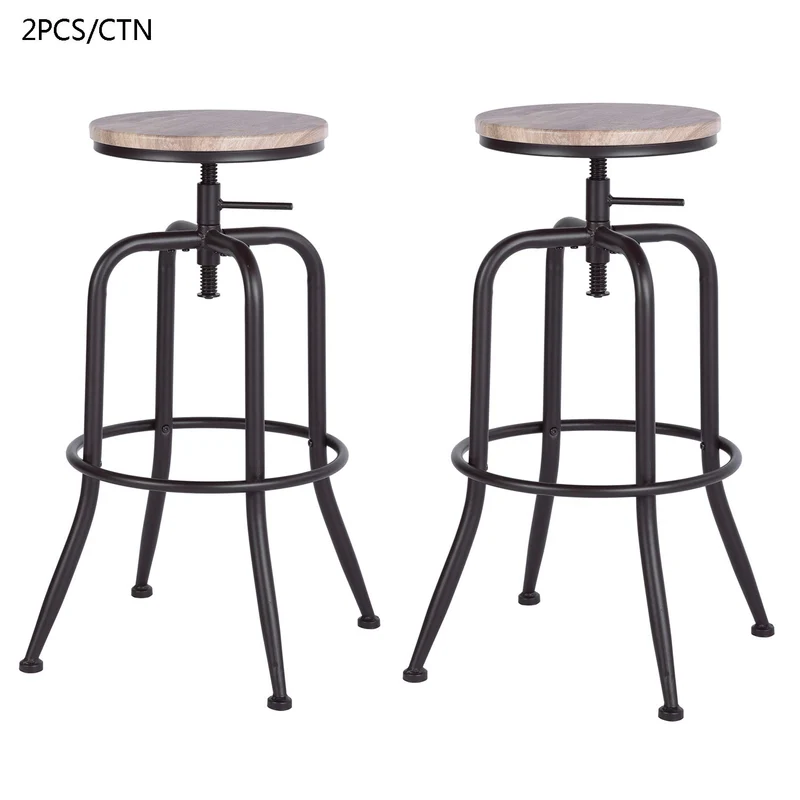 FURNITURE-R France Lot de 2 Tabourets de Bar Industriel Vintage Tabourets de Bar Dessus en Chêne Tabouret et Métal Style Hauteur Réglable Pivotant