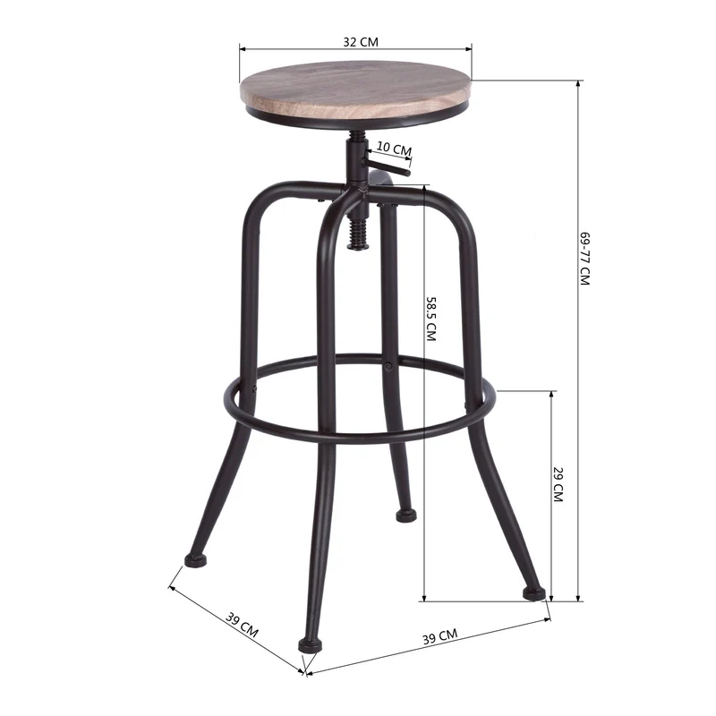 FURNITURE-R France Lot de 2 Tabourets de Bar Industriel Vintage Tabourets de Bar Dessus en Chêne Tabouret et Métal Style Hauteur Réglable Pivotant