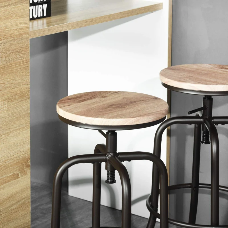 FURNITURE-R France Lot de 2 Tabourets de Bar Industriel Vintage Tabourets de Bar Dessus en Chêne Tabouret et Métal Style Hauteur Réglable Pivotant