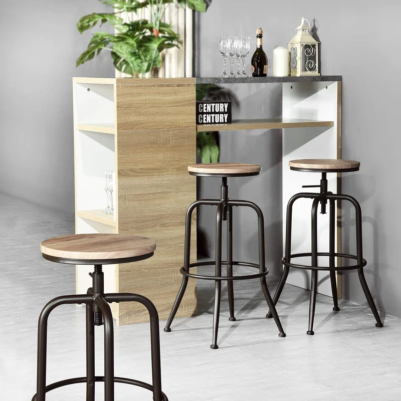 FURNITURE-R France Lot de 2 Tabourets de Bar Industriel Vintage Tabourets de Bar Dessus en Chêne Tabouret et Métal Style Hauteur Réglable Pivotant