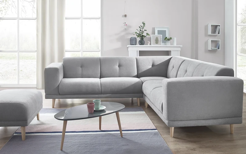 Bobochic LUNA Canapé d'angle panoramique 6 places avec Pouf Tissu Gris Clair 246 x 246 x 75 cm