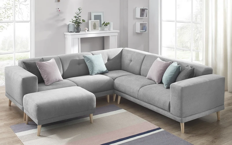 Bobochic LUNA Canapé d'angle panoramique 6 places avec Pouf Tissu Gris Clair 246 x 246 x 75 cm