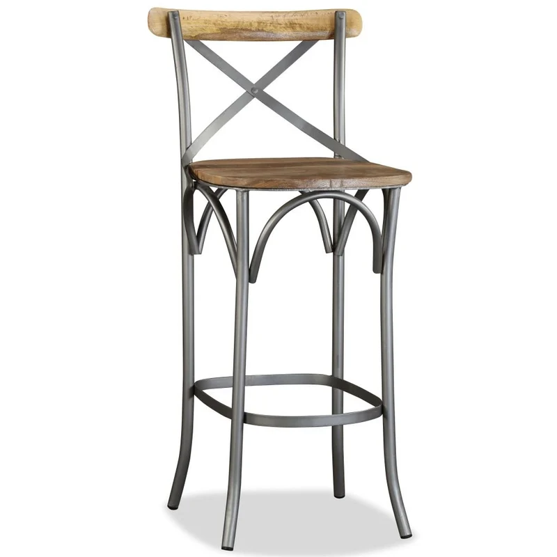 Festnight Tabouret de Bar Style Industriel en Bois de Manguier Massif et Acier Dossier Croisé