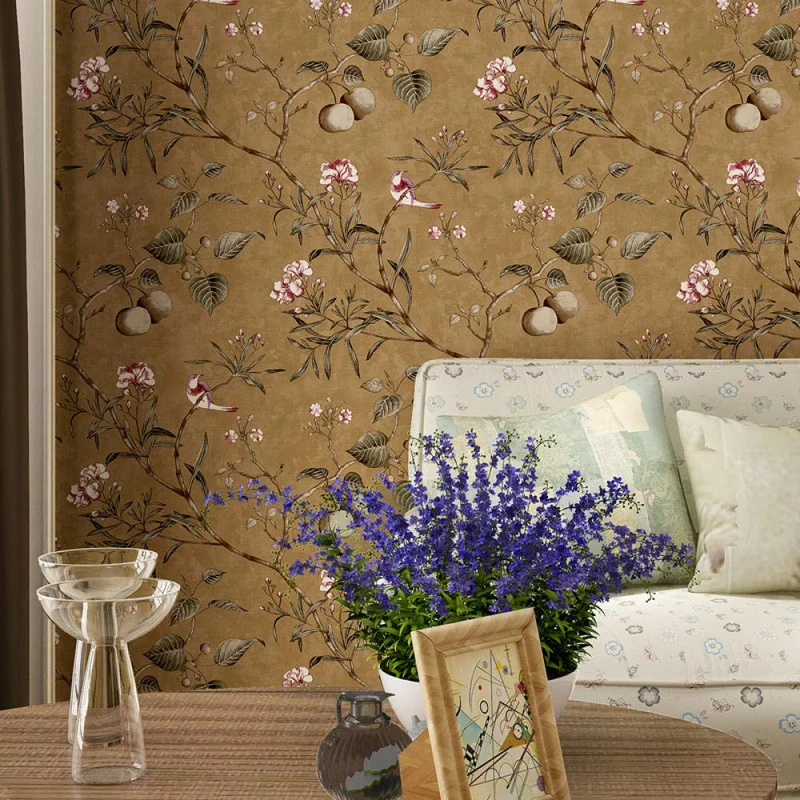 ACCEY Pays d'Amérique fonds d'écran style rustique vintage nostalgique salon chambre fleurs et oiseaux vert foncé papier peint arrière TV@99102_brown_5.3㎡