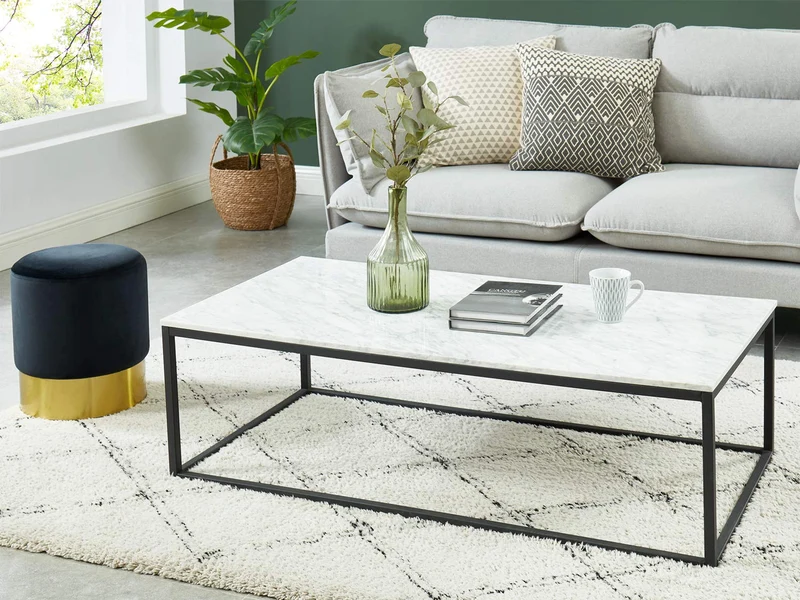 HOMIFAB Table Basse rectangulaire 120 cm en marbre Blanc et Pieds en métal Noir - Collection Telma.