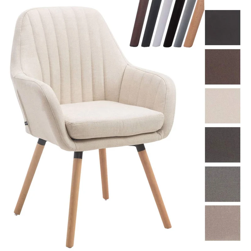 CLP Chaise de Salle à Manger Confortable Florian Rembourré Revêtement en Tissu - Chaise Visiteur avec Un Design Retro Accoudoirs et Pieds en Bois - Couleurs au Choix: Crème, Nature