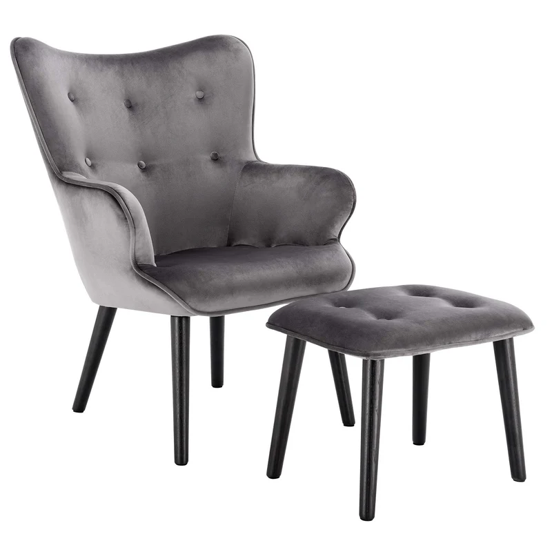 WOLTU SKS22dgr Fauteuil de détente Fauteuil Relaxant en Velours et Bois Massif Fauteuil TV avec Tabouret Repose-Pieds,Gris Foncé