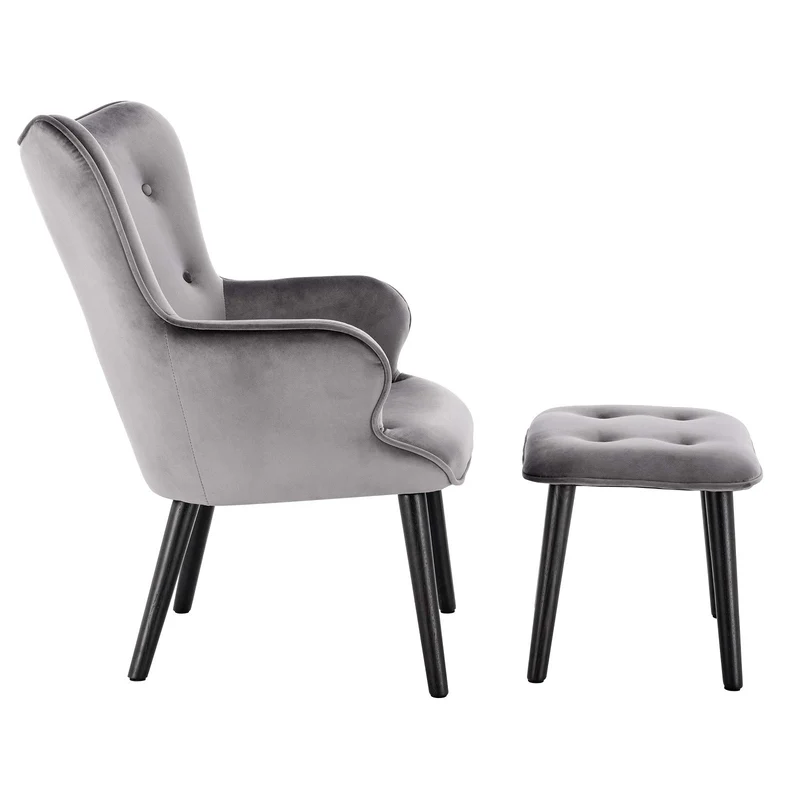 WOLTU SKS22dgr Fauteuil de détente Fauteuil Relaxant en Velours et Bois Massif Fauteuil TV avec Tabouret Repose-Pieds,Gris Foncé