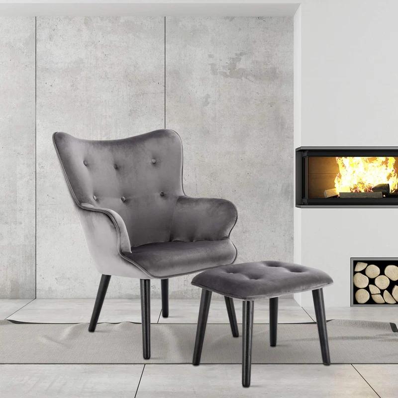 WOLTU SKS22dgr Fauteuil de détente Fauteuil Relaxant en Velours et Bois Massif Fauteuil TV avec Tabouret Repose-Pieds,Gris Foncé