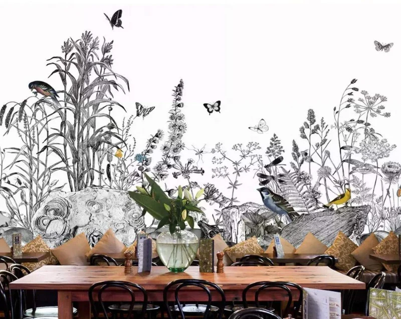 Papier Peint 3D Papillon Noir Et Blanc Reed Bird Jardin Dessiné À La Main Peinture Amovible Sticker Mural Home Decor Art