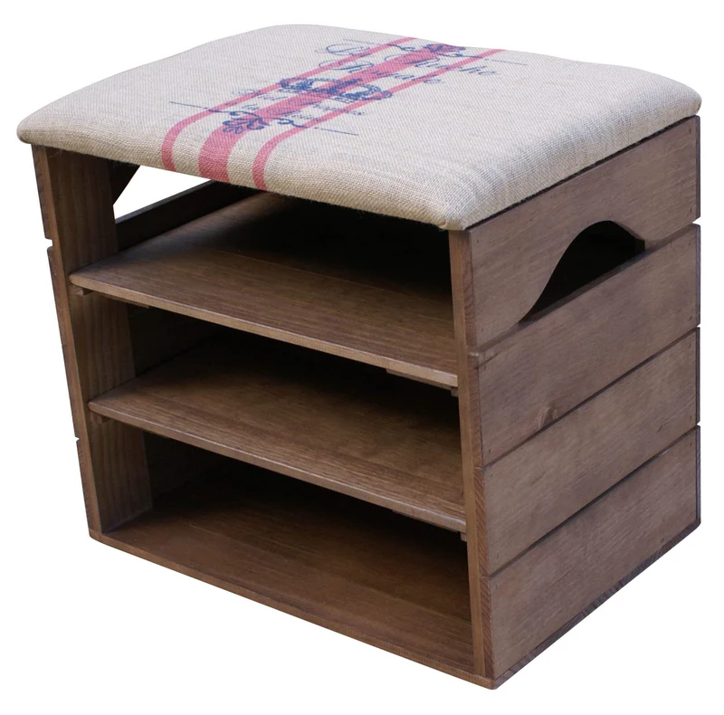 Liza Line Meuble Chaussures (Marron Noyer), Banc de Rangement pour Chaussures avec ÉTAGÈRES. Assise Confortable en Tissu. Bois Massif Scandinave - 51 x 45 x 36 cm (Lignes Rouges)