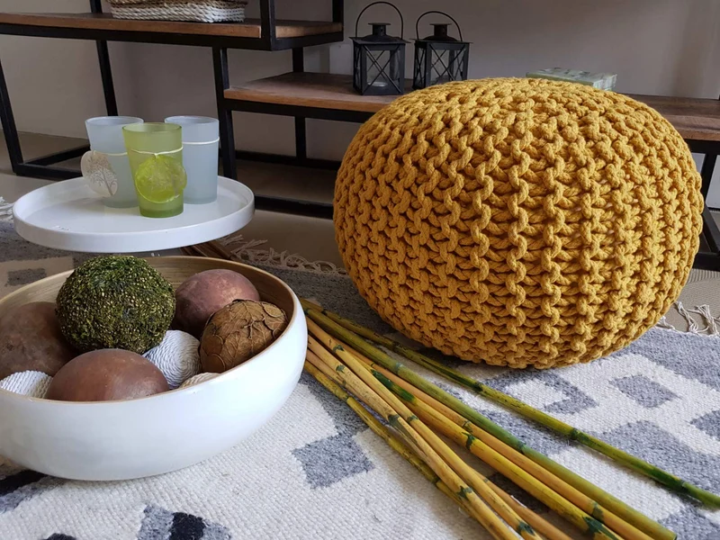 casamia Pouf en Tricot pour Pouf - Coussin de Sol Rond - Pouf en Tricot - Diamètre 45 cm - Hauteur 30 cm, Jaune Soleil