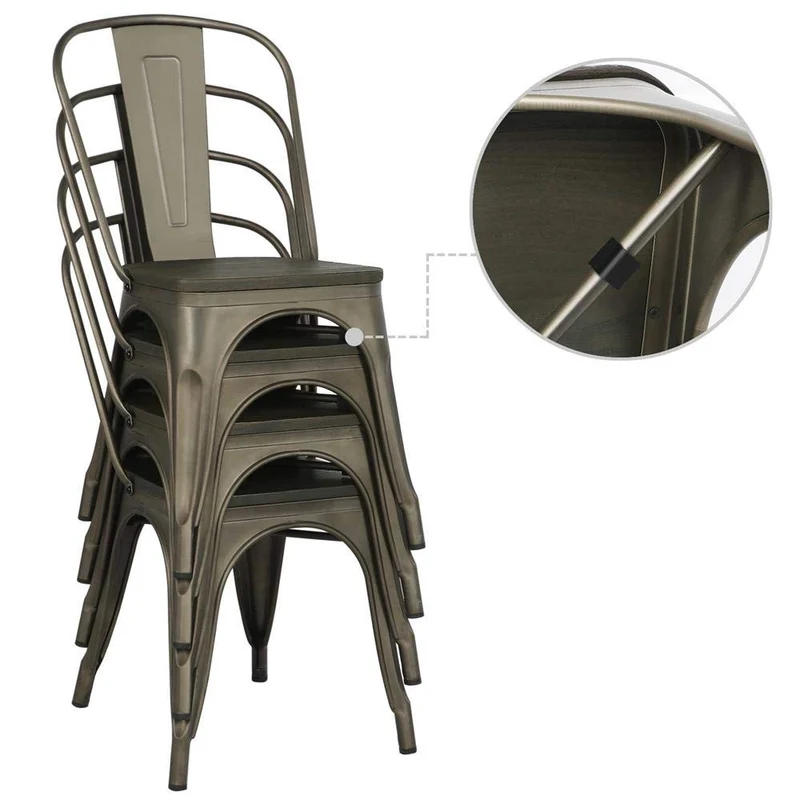 Yaheetech 4 x Chaise de Salle à Manger Industriel Empilable Tabouret de Cuisine Vintage en Fer/métal Assise en bois 36,5 x 36 x 45 cm pour Bar/Bistro/Café