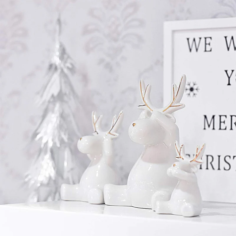 Valery Madelyn 3pcs Ensemble de décoration de Renne de Noël, Ornements en céramique de Figurines de Wapiti, décoration de Table (Hiver étincelant)