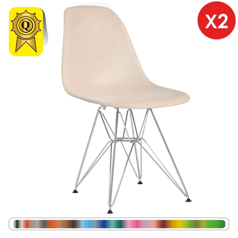 Decopresto Lot 2 x Chaise Design Scandinave Retro Creme Pieds Acier Metal Chrome DP-DSR-CR-2P