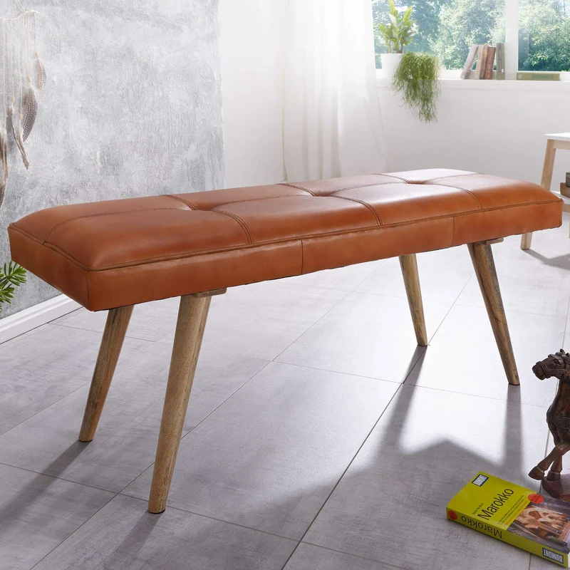 FineBuy bois massif cuir banque 117 x 51 x 38 cm style rétro | rembourré banc | Banc en cuir salle à manger brun | Petit banc de lit cuir véritable banc couloir