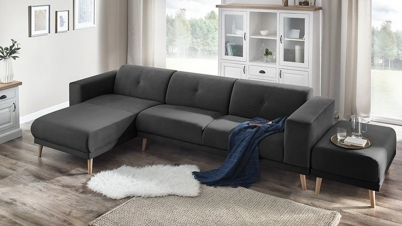 Bobochic LUNA Canapé d'Angle Gauche Fixe 3 places avec Pouf Gris Foncé, 308 x 166 x 75 cm