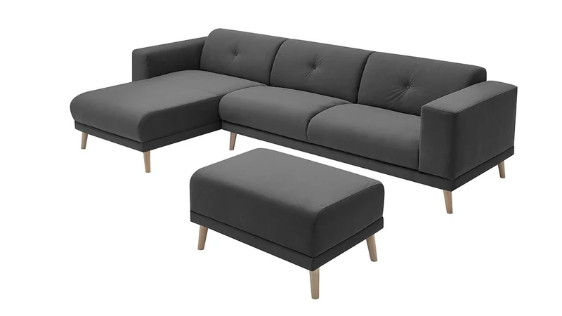 Bobochic LUNA Canapé d'Angle Gauche Fixe 3 places avec Pouf Gris Foncé, 308 x 166 x 75 cm
