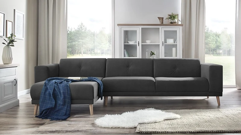 Bobochic LUNA Canapé d'Angle Gauche Fixe 3 places avec Pouf Gris Foncé, 308 x 166 x 75 cm