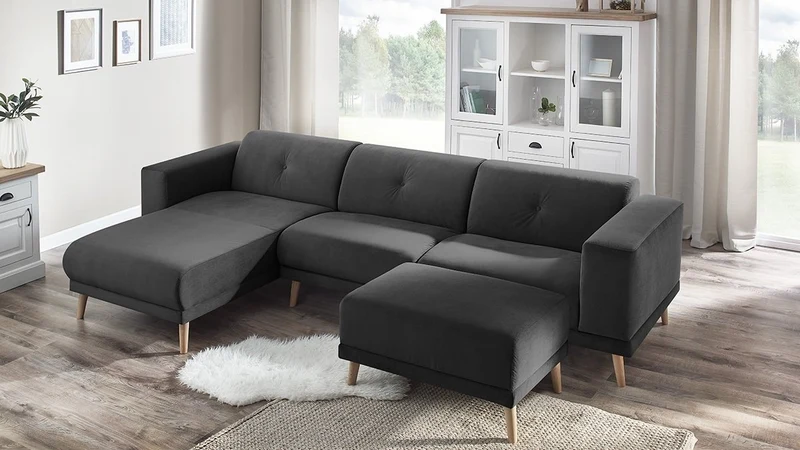 Bobochic LUNA Canapé d'Angle Gauche Fixe 3 places avec Pouf Gris Foncé, 308 x 166 x 75 cm