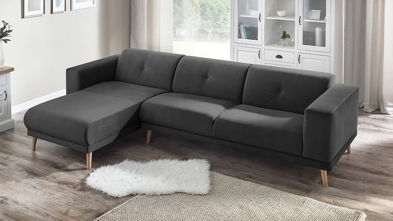 Bobochic LUNA Canapé d'Angle Gauche Fixe 3 places avec Pouf Gris Foncé, 308 x 166 x 75 cm